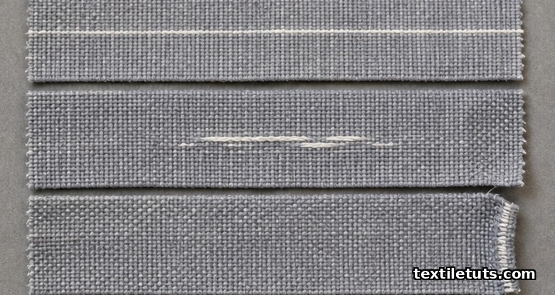 Three stacked fabric swatches showing common shed-related weaving defects: a recurring mis-pick bar, a warp float, and selvedge weft pull-back.