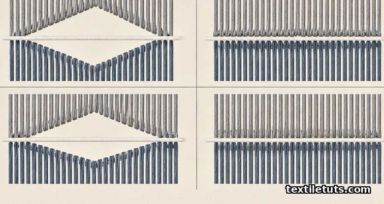 Side-by-side comparison of open, closed, semi-open, and center-closed shed geometries shown as four cross-section profiles of warp layers.