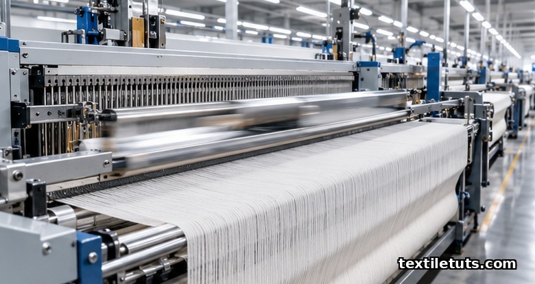Modern high-speed air-jet weaving loom in active operation, showing taut warp threads and the weft insertion rail inside an empty industrial mill aisle.