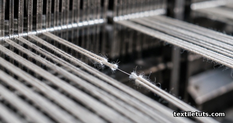Close-up of a snapped cotton warp end on a power loom, showing frayed broken yarn beside intact tensioned warp threads.