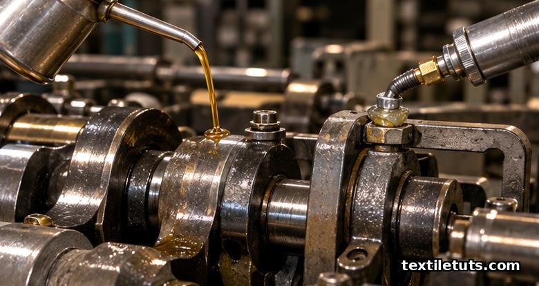 Close-up of oil and grease being applied to loom cam followers and picker-stick pivots during weekly lubrication.