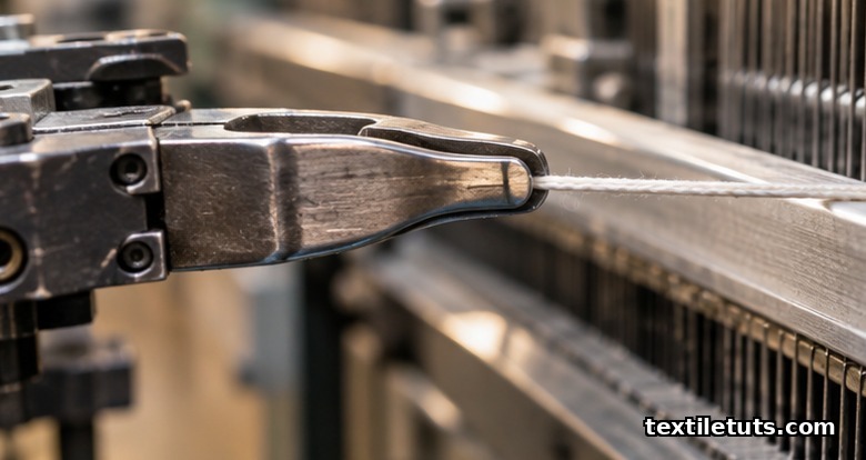 Macro view of a rapier gripper jaw holding a cotton weft yarn tip mid-transfer across a rapier loom shed.