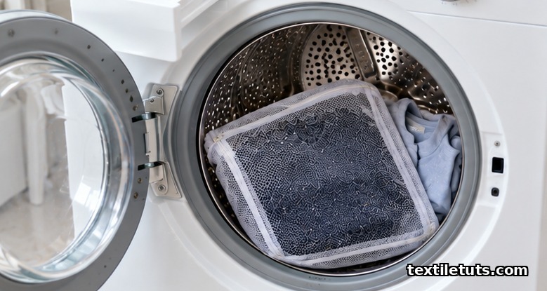 Acrylic sweater turned inside out in a sealed mesh laundry bag inside a front-loading washing machine drum