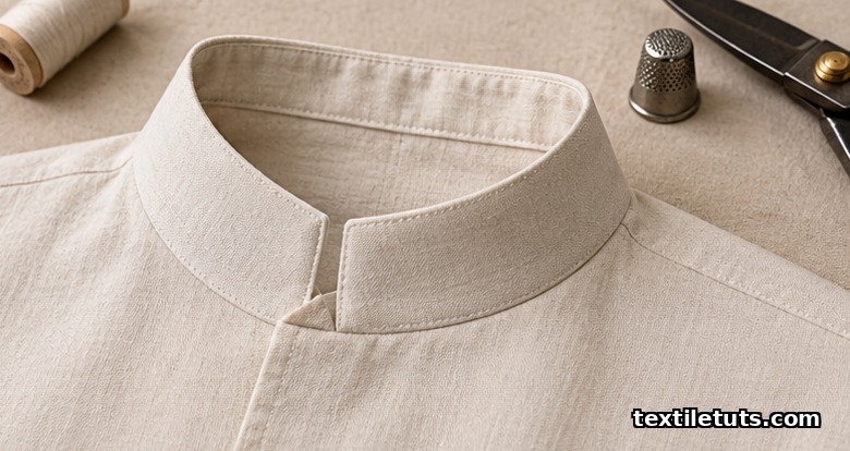 Mandarin collar with squared corners and crisp vertical stand attached to a Nehru jacket neckline, topstitched clean.