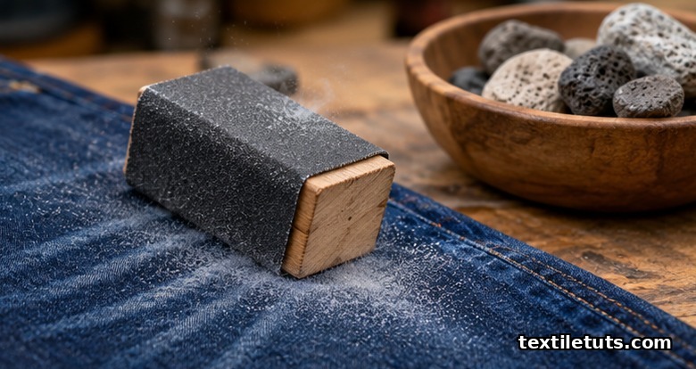 A wooden block wrapped in sandpaper against indigo denim, with pre-soaked pumice stones in a wooden bowl nearby.