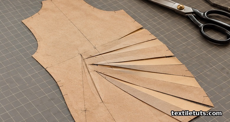 Slashed bodice pattern spread open with paper wedges inserted between cuts and tailor's shears nearby