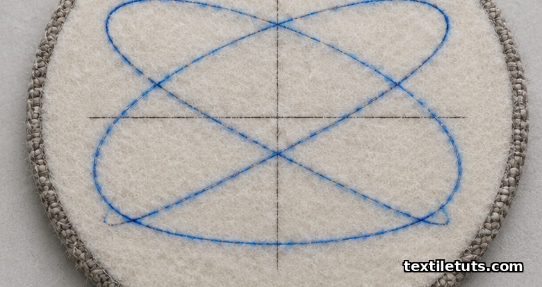 A fabric disc tracing a Lissajous figure-of-eight curve across a pale wool abradant under bright laboratory lighting.