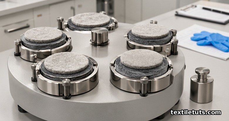 Martindale abrasion tester with 140 mm circular fabric specimen holders and reference abrasive fabric in a textile QC lab.