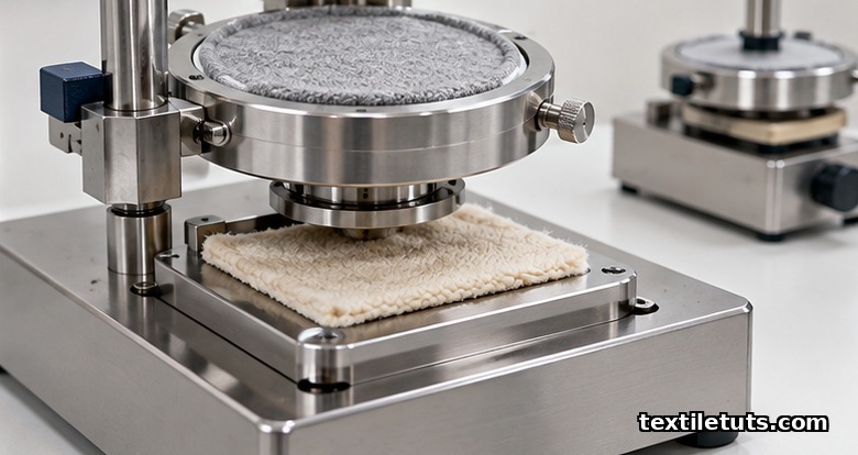 Brushed-steel Martindale abrasion tester with a circular knit specimen and cream worsted wool reference abrasive on a lab bench.