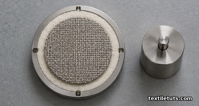 Top-down view of a circular fabric specimen mounted in a metallic Martindale holder over a wool abradant pad.