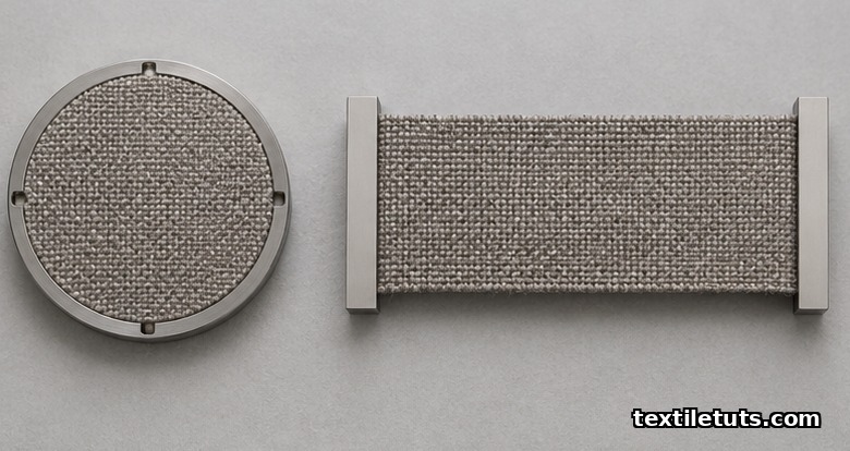 Side-by-side studio comparison of a circular Martindale specimen disc and a rectangular Wyzenbeek test strip on neutral surface.