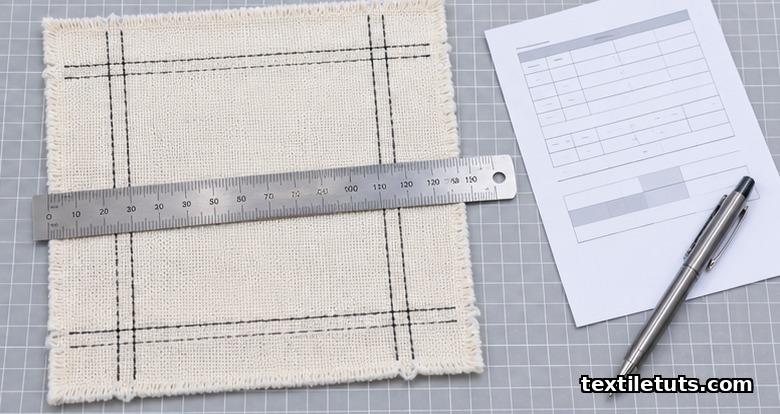 Calibrated ruler measuring benchmark distance on a conditioned woven fabric specimen alongside a printed report slip