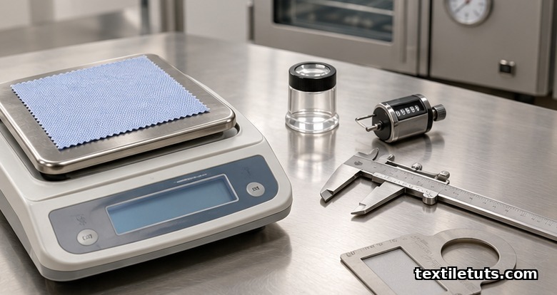 Laboratory scene with a fabric swatch on a precision analytical balance, pick glass, and calipers for GSM and thread count verification.