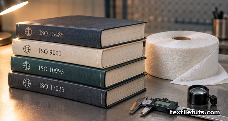 Stack of hardcover ISO reference manuals beside textile sample roll, digital caliper, and loupe on workbench.