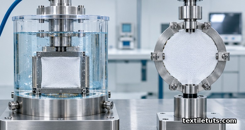 Laboratory hydrostatic head tester with fabric swatch and burst-strength apparatus on stainless fixtures.