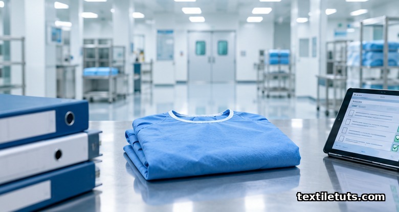 Sterile cleanroom with folded blue surgical gown on stainless table beside quality-control binders and tablet.