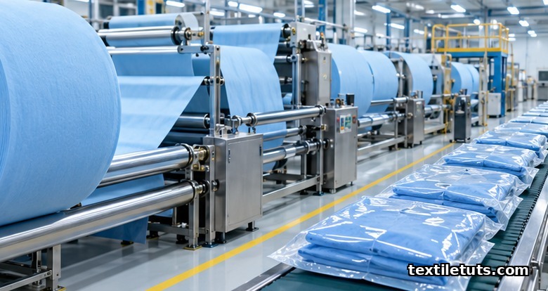 Manufacturing line of blue SMS fabric rolls feeding calendar rollers with folded surgical gowns in sterile pouches.