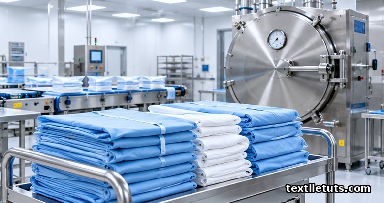 Stacked surgical gowns and drapes on a stainless-steel autoclave loading cart inside a sterile reprocessing room.