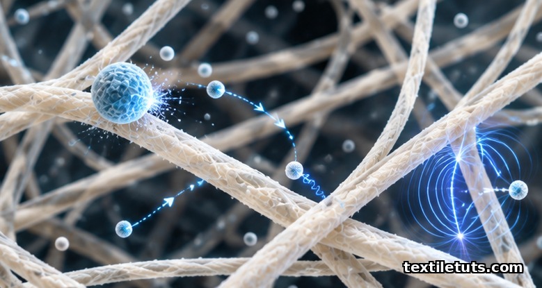 Microscopic view of fine polypropylene fibers capturing aerosol particles through interception, impaction, diffusion, and electrostatic attraction.