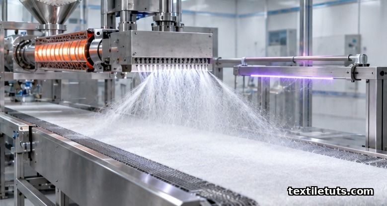 Industrial meltblown production line with extruder, spinneret die, attenuating air streams, and a moving collector belt for filtration-grade nonwoven.