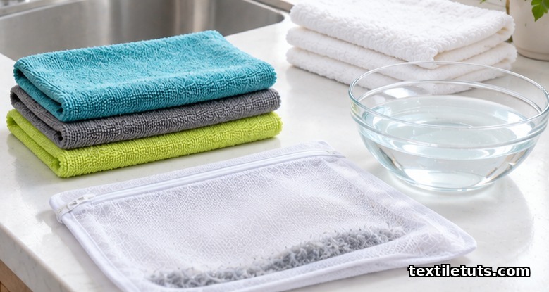 Stacked microfiber cleaning cloths kept apart from cotton towels next to a microfiber-capturing wash bag