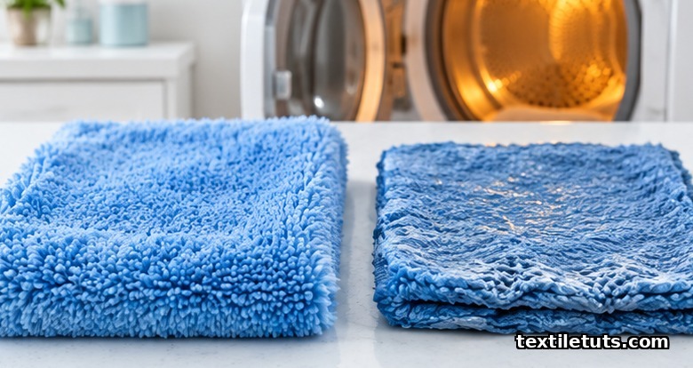 Plush microfiber towel next to a stiff, matted microfiber towel with fused fibers from high dryer heat