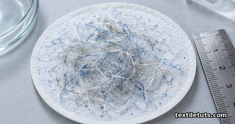 Macro photo of synthetic microfibers on a white laboratory filter disc with a steel ruler for scale.