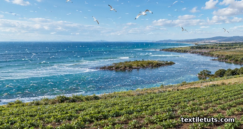 Wide landscape showing ocean, river estuary, and farmland with tiny drifting fibers suspended in air and water.