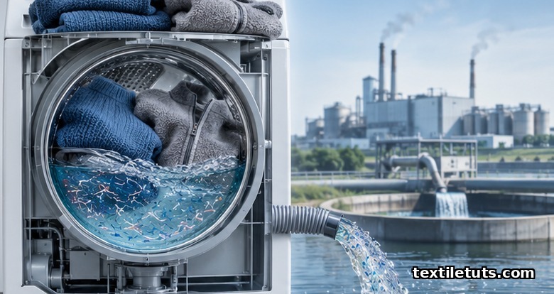 Front-loading washing machine with synthetic garments and a drain hose releasing fibers, beside a textile mill silhouette.
