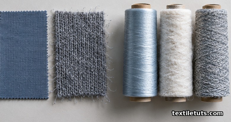 Studio shot of a tight woven and a loose knit fabric swatch with three yarn spools showing twist and density differences.