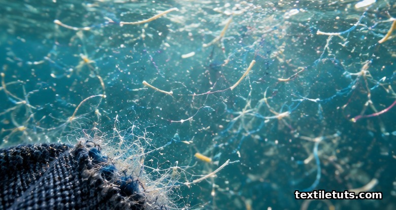 Macro close-up of clear water filled with tiny suspended synthetic fibers drifting in suspension around a scrap of polyester fabric.