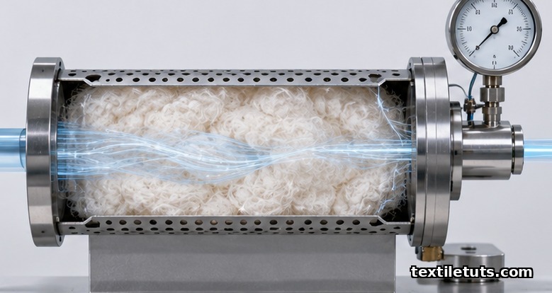 Cross-section of a perforated metal cylinder packed with cotton fiber, with air flowing horizontally through the plug.