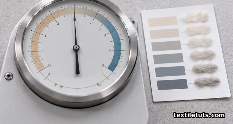 Close-up of a circular analog Micronaire instrument dial with a needle pointer and reference band markings on a pale surface.