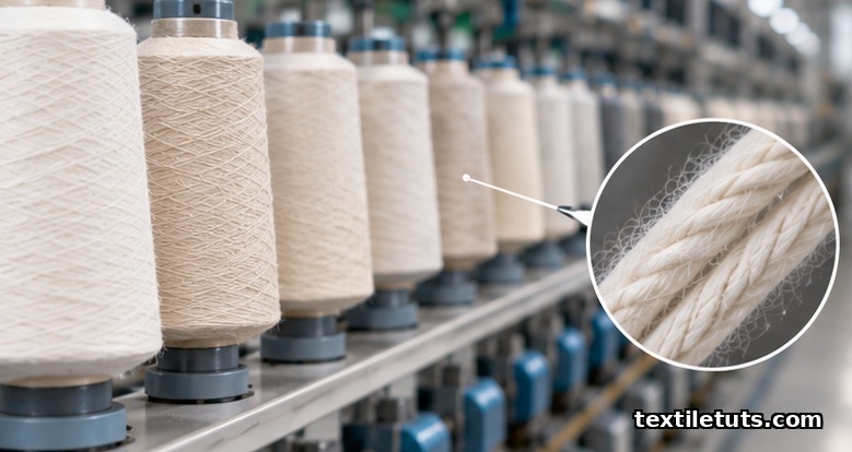 Graduated natural cotton yarn bobbins aligned on a spinning frame creel, with parallelized fibers visible at one strand end.
