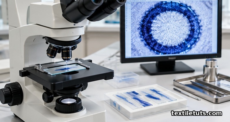 Laboratory microscope setup for measuring indigo fiber cross-section penetration showing blue ring around white core.