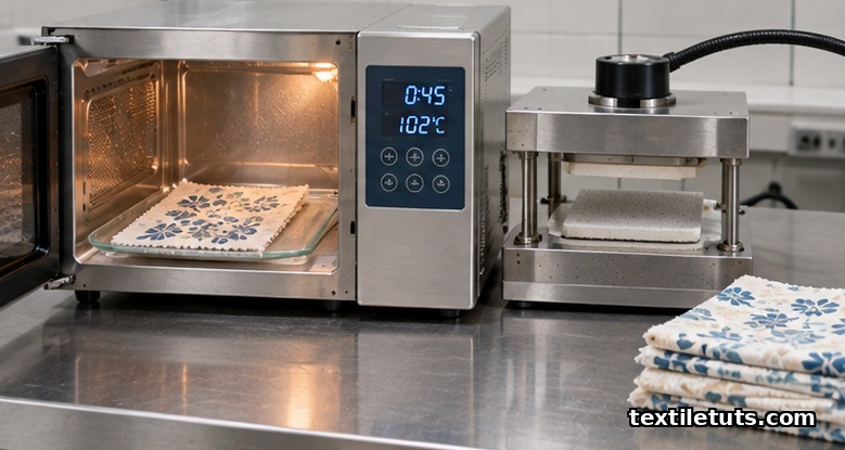 Laboratory microwave and radio-frequency dielectric fixation unit with a printed cotton swatch on a quartz plate.