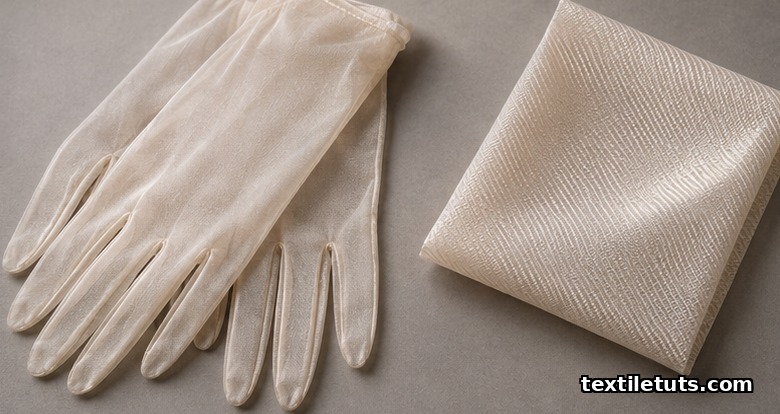 Pair of sheer champagne silk Milanese-knit gloves beside a small folded swatch of Milanese fabric on a neutral surface.