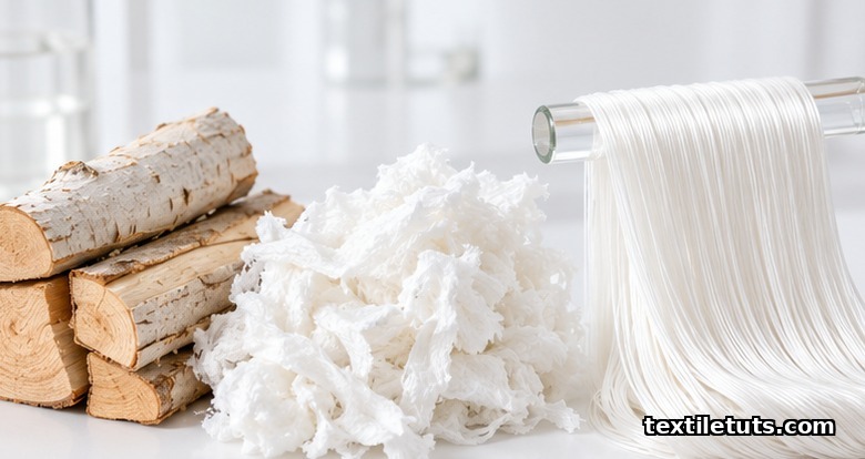 Beechwood logs, cellulose pulp sheets and aligned white modal filaments showing how HWM modal fiber is made