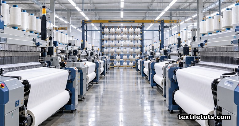 Modern microprocessor-controlled air-jet weaving looms running in a textile mill