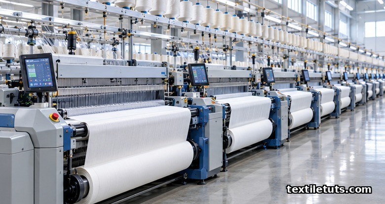 Long row of running air-jet looms with on-loom monitors in a modern weaving room