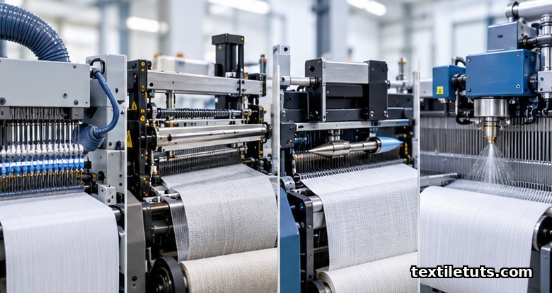 Four weft-insertion systems: air-jet, rapier, projectile, and water-jet looms