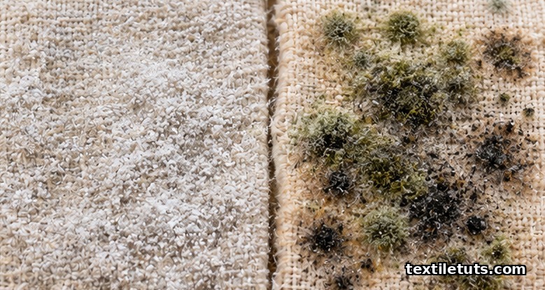 Close-up of powdery white mildew next to fuzzy green and black mold on cotton fabric swatches