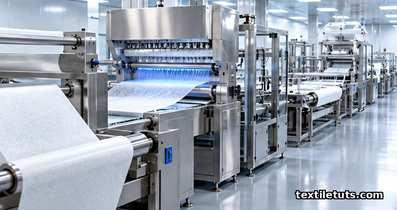 ISO cleanroom production line for N95 respirators with spunbond, meltblown, corona-charging, and lamination stations in cool blue light.