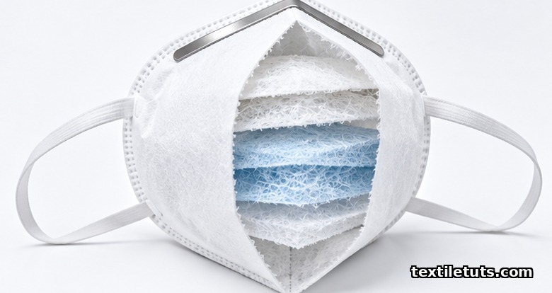 Cross-section view of an N95 respirator showing its layered nonwoven interior with outer cover, meltblown filter, and inner lining in studio lighting.