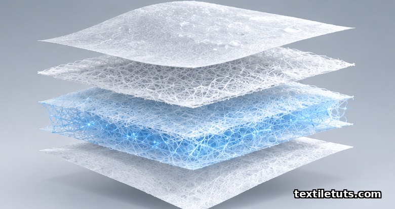 Exploded isometric view of five polypropylene nonwoven layers in an N95, showing spunbond covers and a glowing meltblown electret filter.