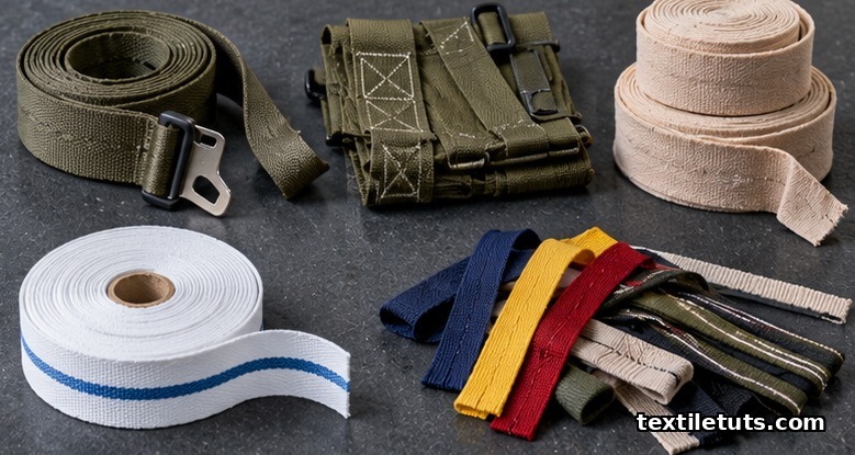 Flat-lay of finished narrow fabric products: seat belt webbing, military load straps, medical wrap, mattress tape, and garment trim.