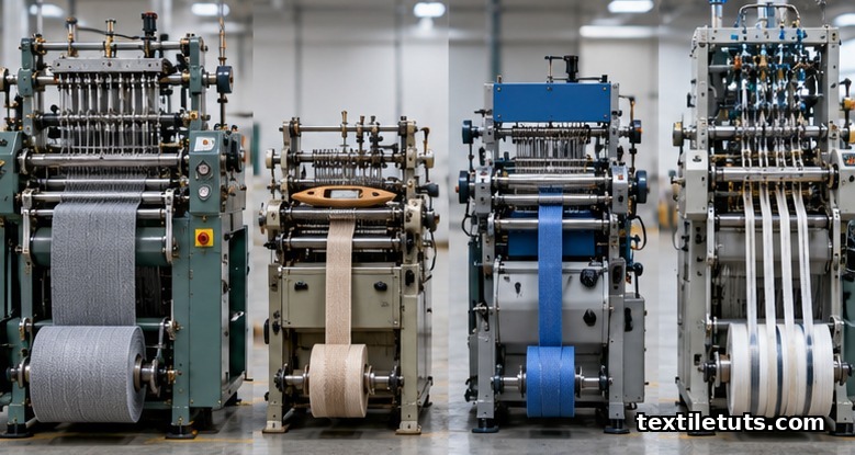 Side-by-side comparison of four narrow fabric looms: needle, shuttle, rigid-rapier, and crochet knitting machine.