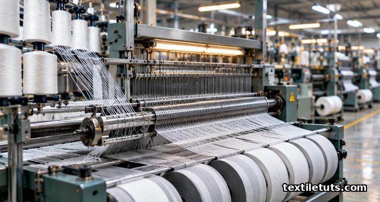 Industrial narrow fabric weaving mill floor with polyester webbing running through a needle loom onto take-up rolls.