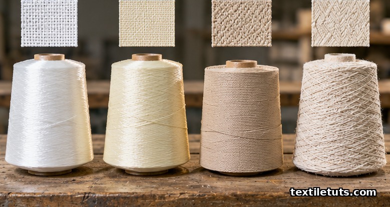 Four yarn packages — polyester, nylon, polypropylene, and cotton — with matching woven narrow fabric swatches.