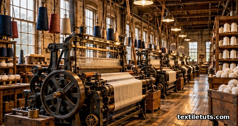 Vintage textile mill classroom featuring cast-iron power looms, cotton yarn cones, and indigo-dyed bobbins under warm tungsten light.